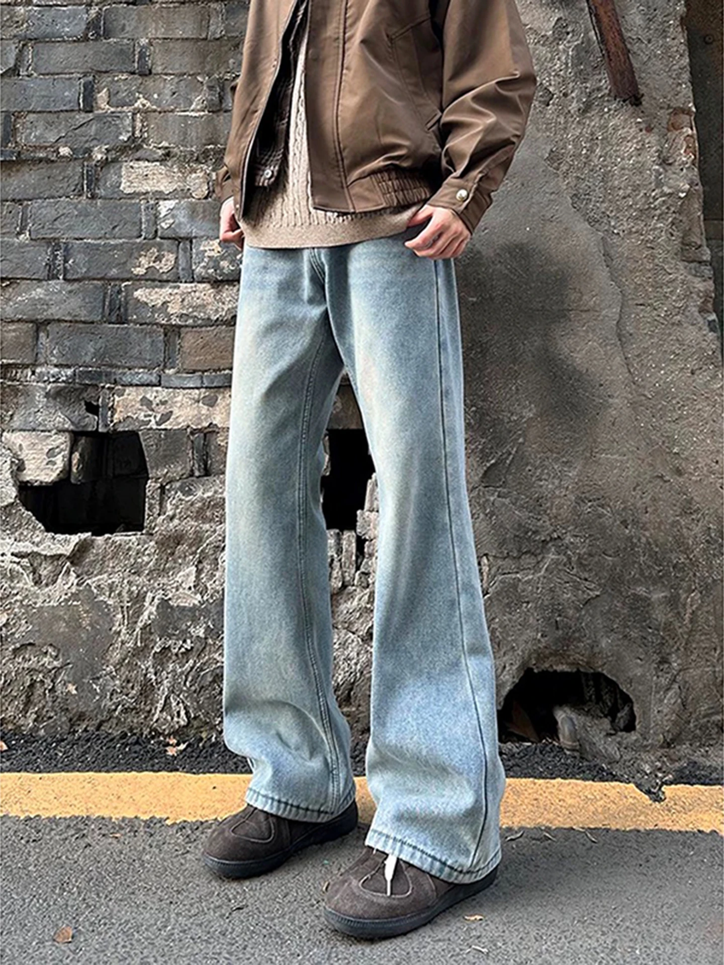 

Мужские джинсы Cleanfit Vintage Blue с флисовой подкладкой, прямые, с эффектом потертости, в американском стиле High Street, слегка расклешенные, с эффектом потертости