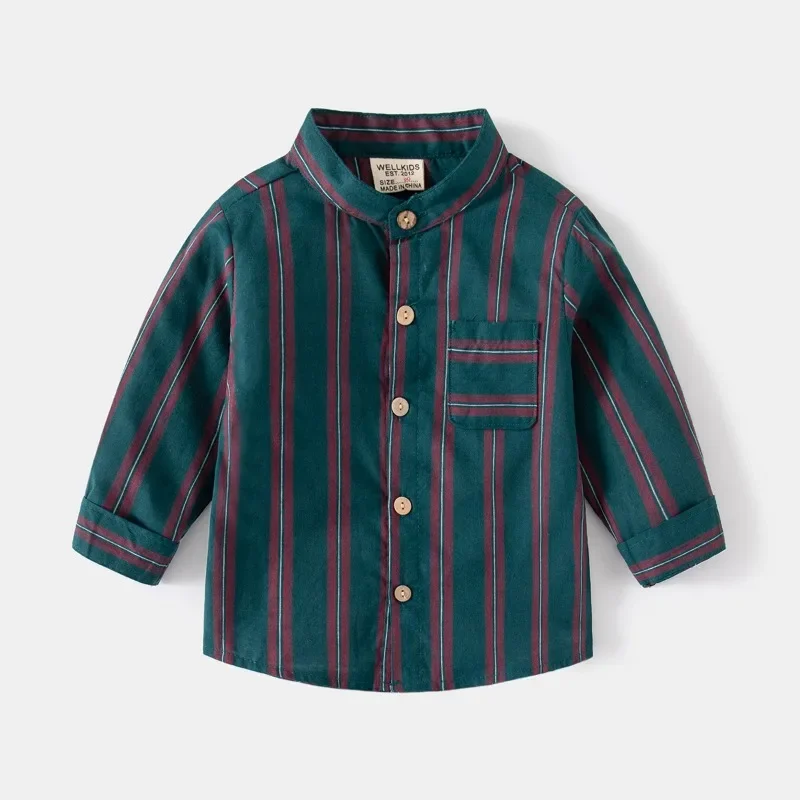 HoneyCherry Children's Casual Striped Long Sleeve Shirt Stand-up Collar Pocket Long Sleeve Shirt Soft Cotton Boys' Shirt