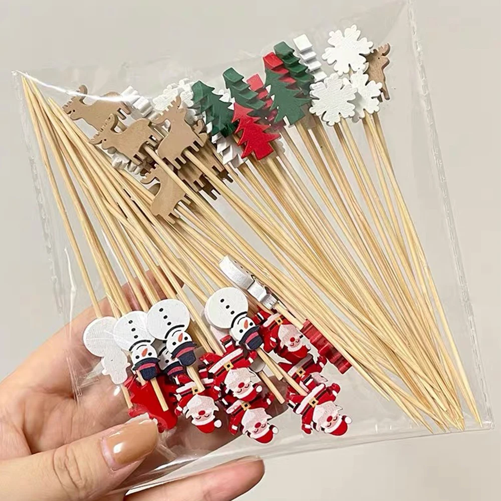 50/100pcs Christmas Day Fruit Sticks, Disposable Bamboo Sticks ChristmasTree Fruit Picks Sushi Picks Creative Cocktail Flower