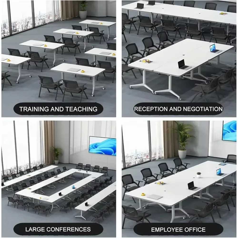 White Office Folding Clamshell Training Table The round table with wheels is convenient and quick for offices, classrooms