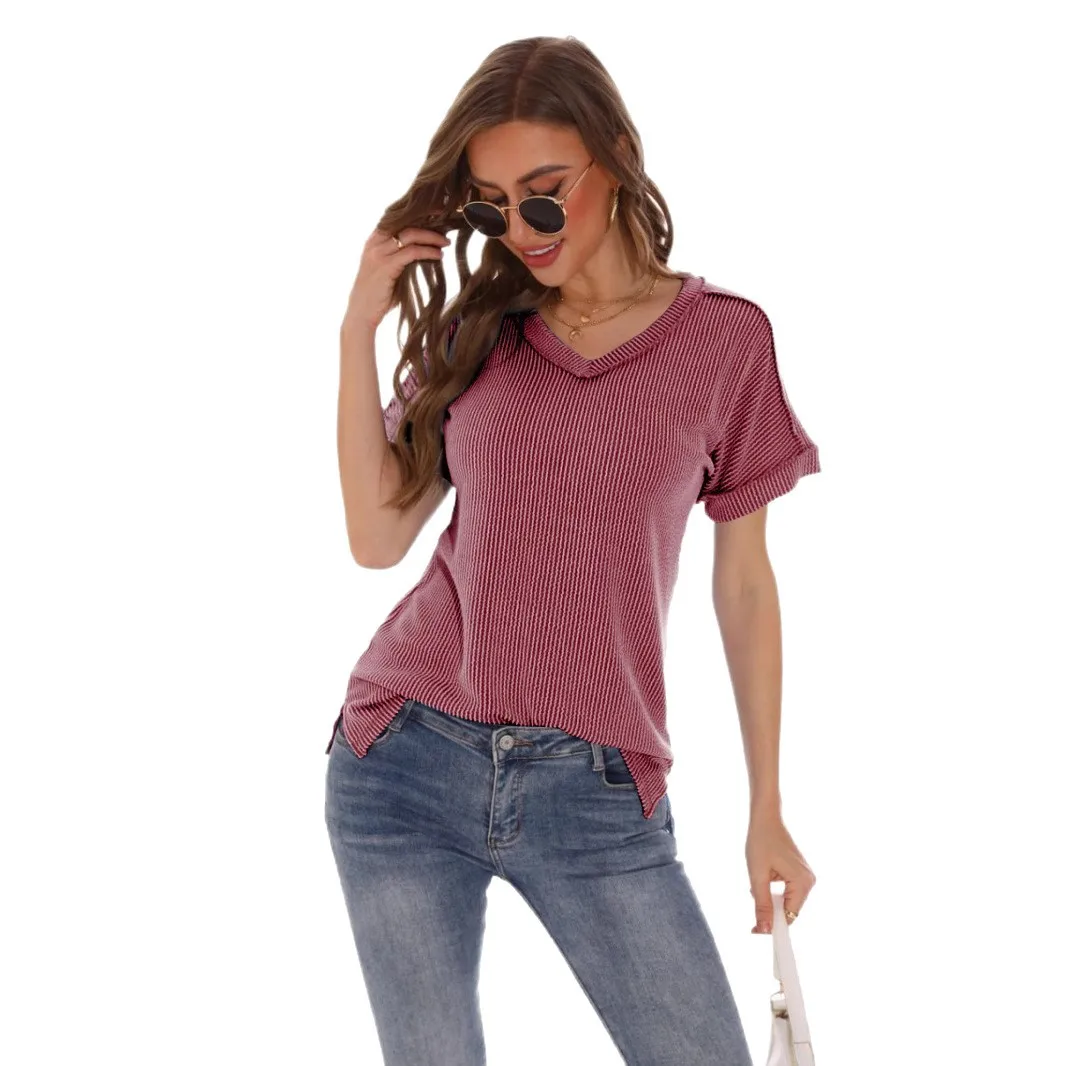 

2025 New V-Neck Spliced Split Hoodie T-Shirt Unisex Loose Fit Commute Style Knitted Polyester Casual Top