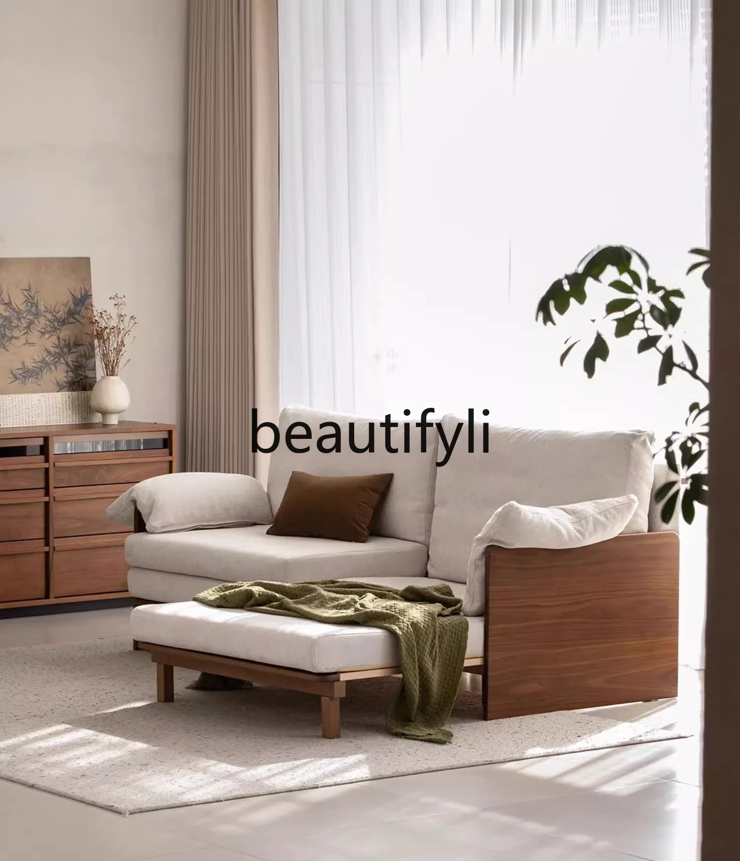 

Solid wood fabric sofa is surprised by the dead wind straight row three-person removable and washable black walnut sofa bed