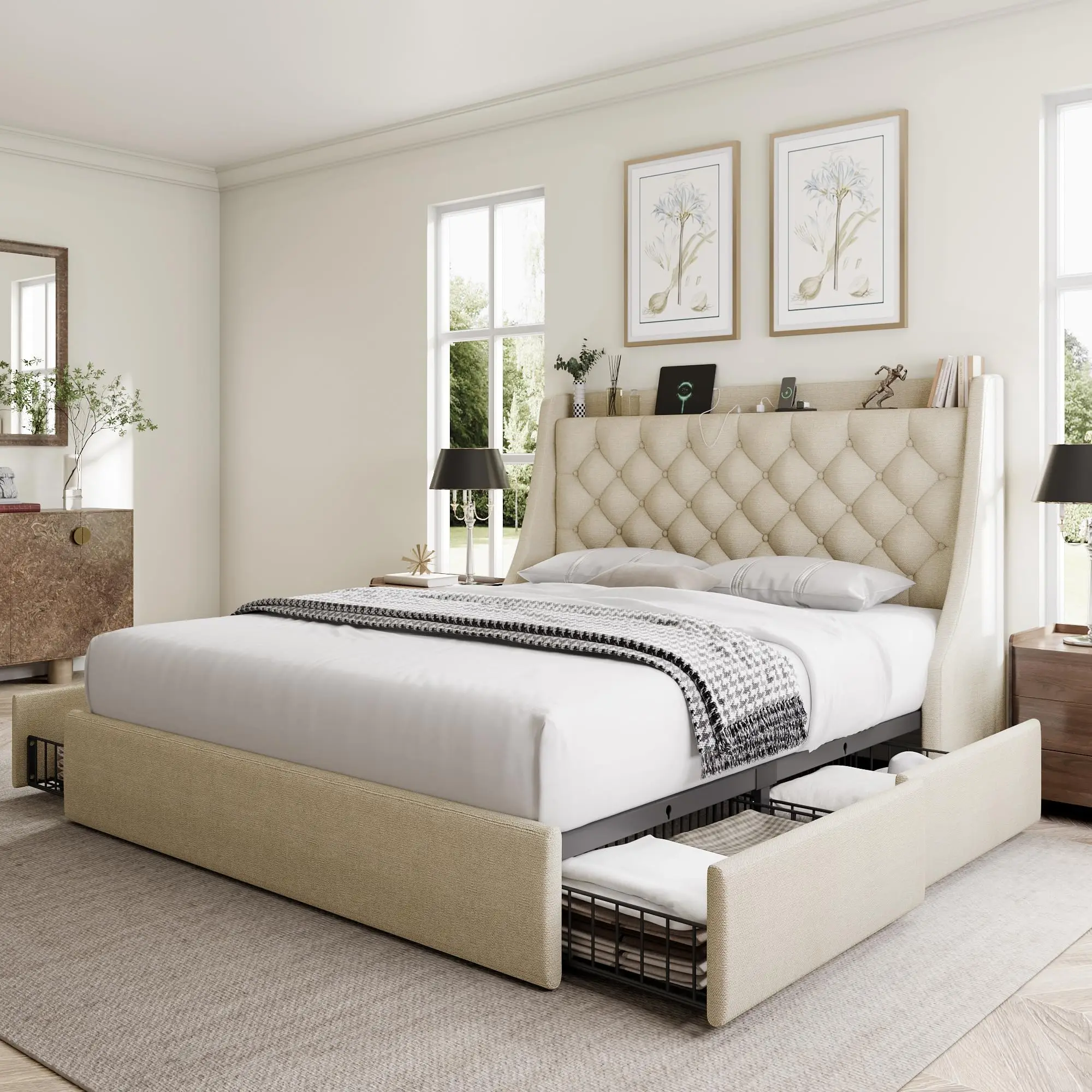 Queen Bed Frame with 4 Storage Drawers, Huge Upholstered Wingback Headboard, Fast Charging Station, No Box Spring