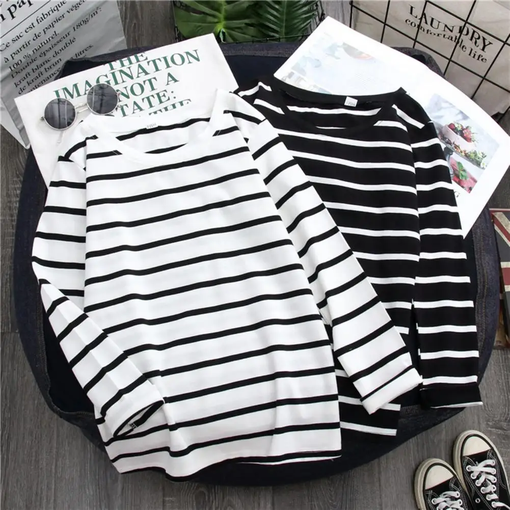 Women Blouse Skin-Touch Long Sleeves Anti Pilling Women Striped Pattern Stitching Simple T-shirt Autumn T-shirt Stretchy