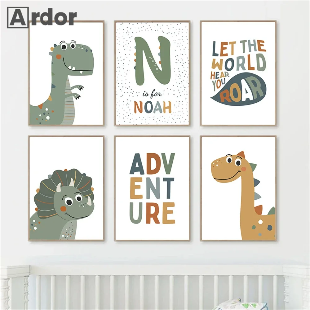 

Custom Name Poster Cartoon Dinosaur Canvas Art Painting Nursery Print Pictures Nordic Wall Art Posters Kids Boy Room Decoration