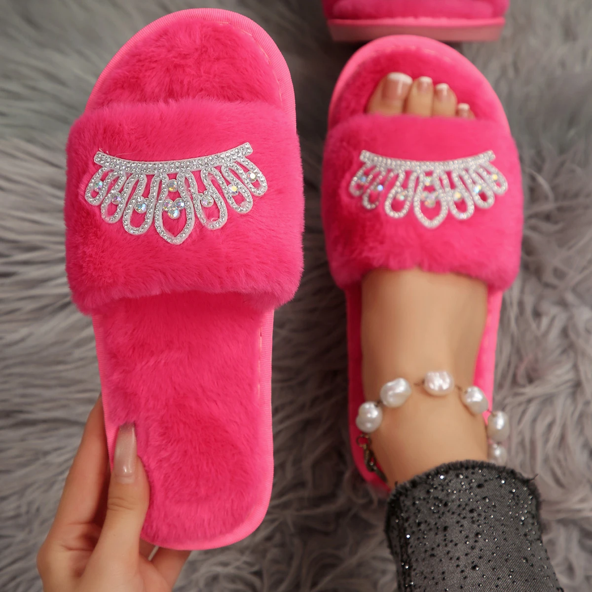 Luxury Crystal Crown Furry Fur Slippers Women Brand Design Glitter Rhinestone Warm Plush Indoor Slippers Winter Fluffy Slides 43