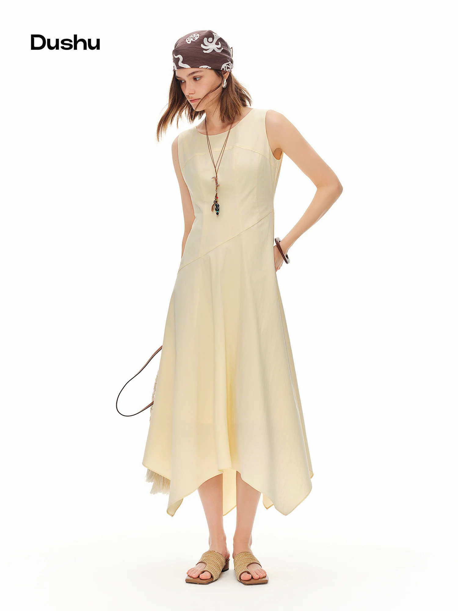 DUSHU 2026 Summer Women's Asymmetrical Deconstructed Sleeveless Midi Dress Structural Waist-Cinching Minimalist Inclusive Sizing