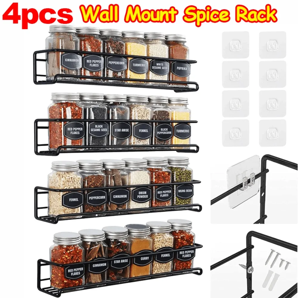 

4pcs Wall Mount Spice Rack, Black Metal, 2 Installation Ways (Hook & Screw - Mount), Ideal For US Kitchen Cabinet/Wall, Space-Saving For Spice Jar/Herb Storage, Sturdy & Included Mounting Accessories For Easy Kitchen Organization