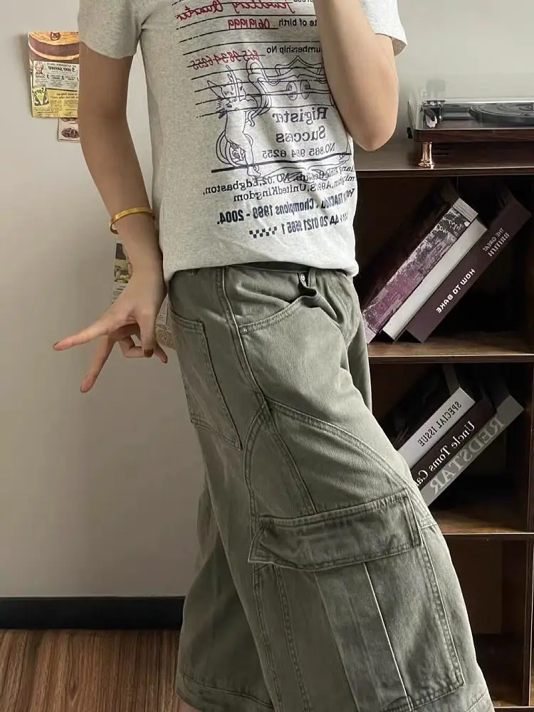 Damskie jasnoszare spodnie z szerokimi nogawkami i dużymi kieszeniami w stylu retro amerykańskim z lat 2000, jeansy w stylu punkowym, nowe, luźne spodnie crop na lato.