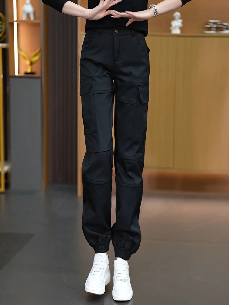 

Женские брюки с высокой талией на флисовой подкладке, осенне-зимние, в уличном стиле, повседневные, для походов, карго, прямые, с манжетами, фасона «харлан»