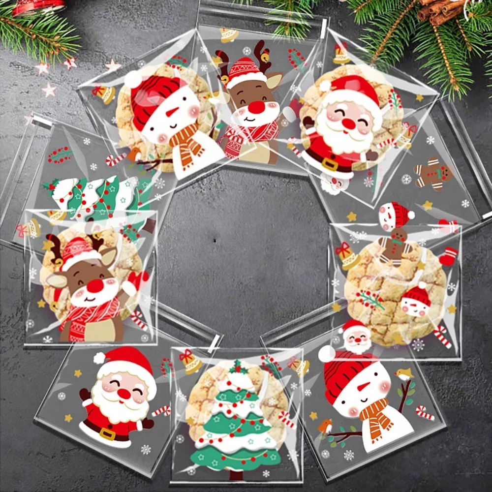 100 sacs cadeaux à motifs de Noël, idéaux pour les fêtes de Noël, du Nouvel An, les anniversaires, les fêtes du printemps, pour emballer des bijoux et des bonbons.