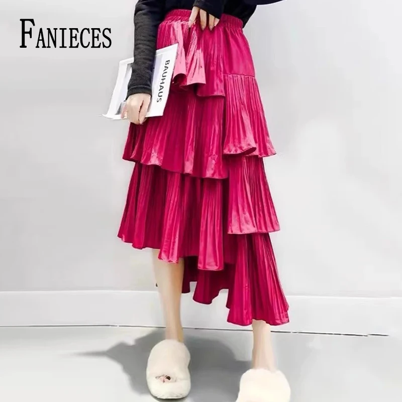 

FANIECES Asymmetric Pleated Cake Skirt Women Fashion Ruffle Layers Irregular Fold Long Skirt Elegant Tiered faldas para mujeres