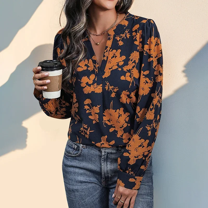 Blusa feminina de manga comprida com decote em v, pulôveres elegantes, tops soltos, camisas femininas casuais, senhora estampada, moda, primavera, outono, 2024