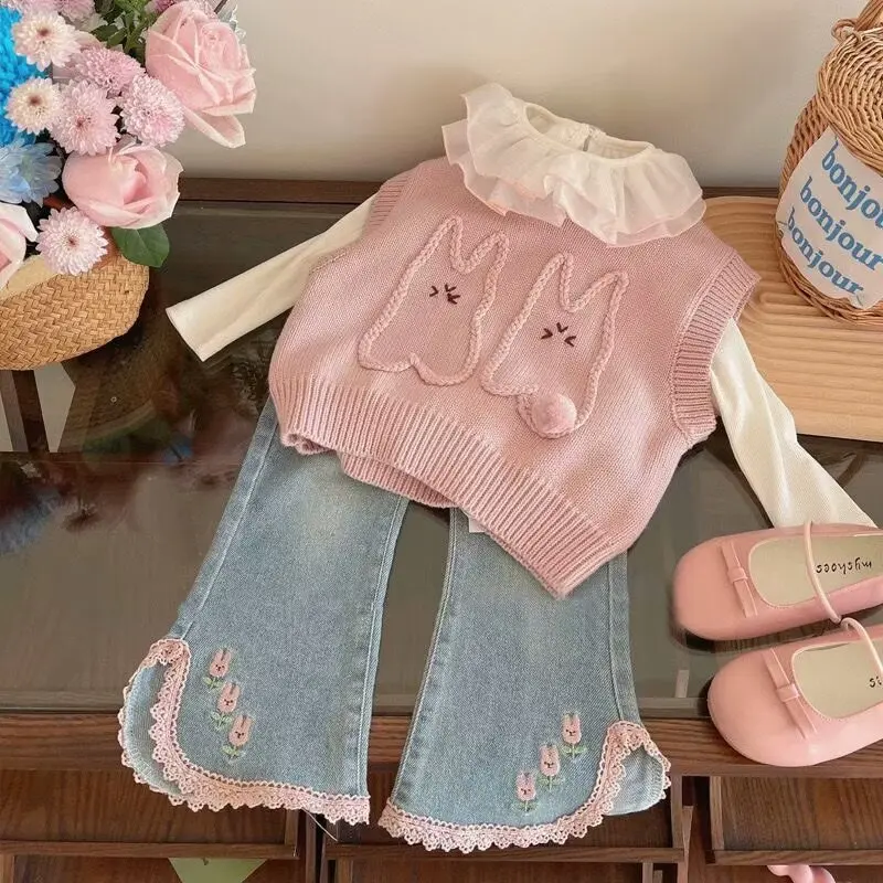 Spring Baby Girls Clothing Set Clothing Outfit Newest Jeans Solid Color Casual Sweater Vest+ T-shirt +denim Pants 3PCS