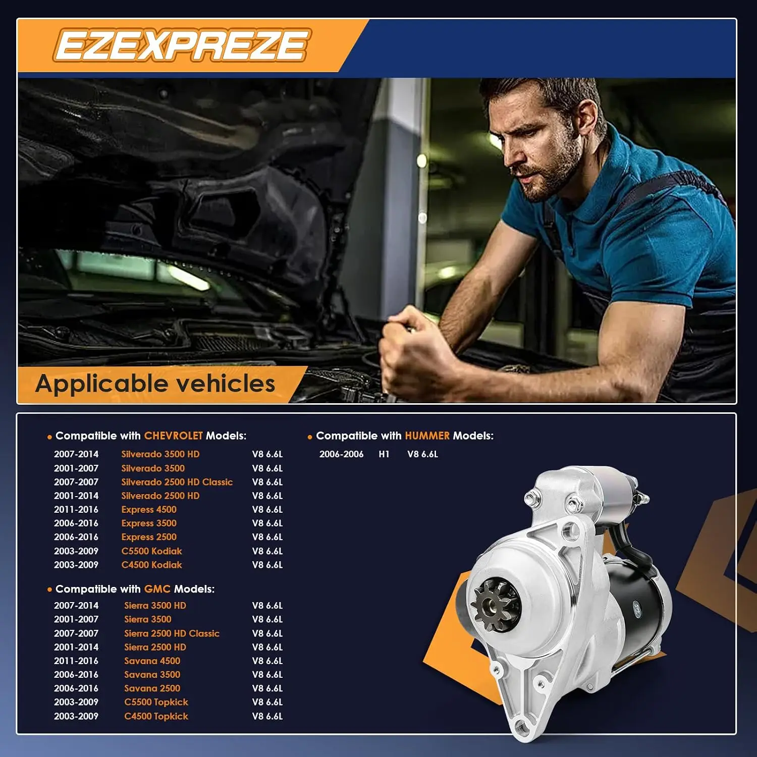 Starter Motor, New Replacement for 2001-2014 GMC Sierra Chevrolet Silverado 2500 3500 HD, 2003-2009 C4500 C5500 Topkick Kodiak, 2006-2016 Savana Express 2500 3500 4500, 6.6L Duramax V8 Diesel, 41044023