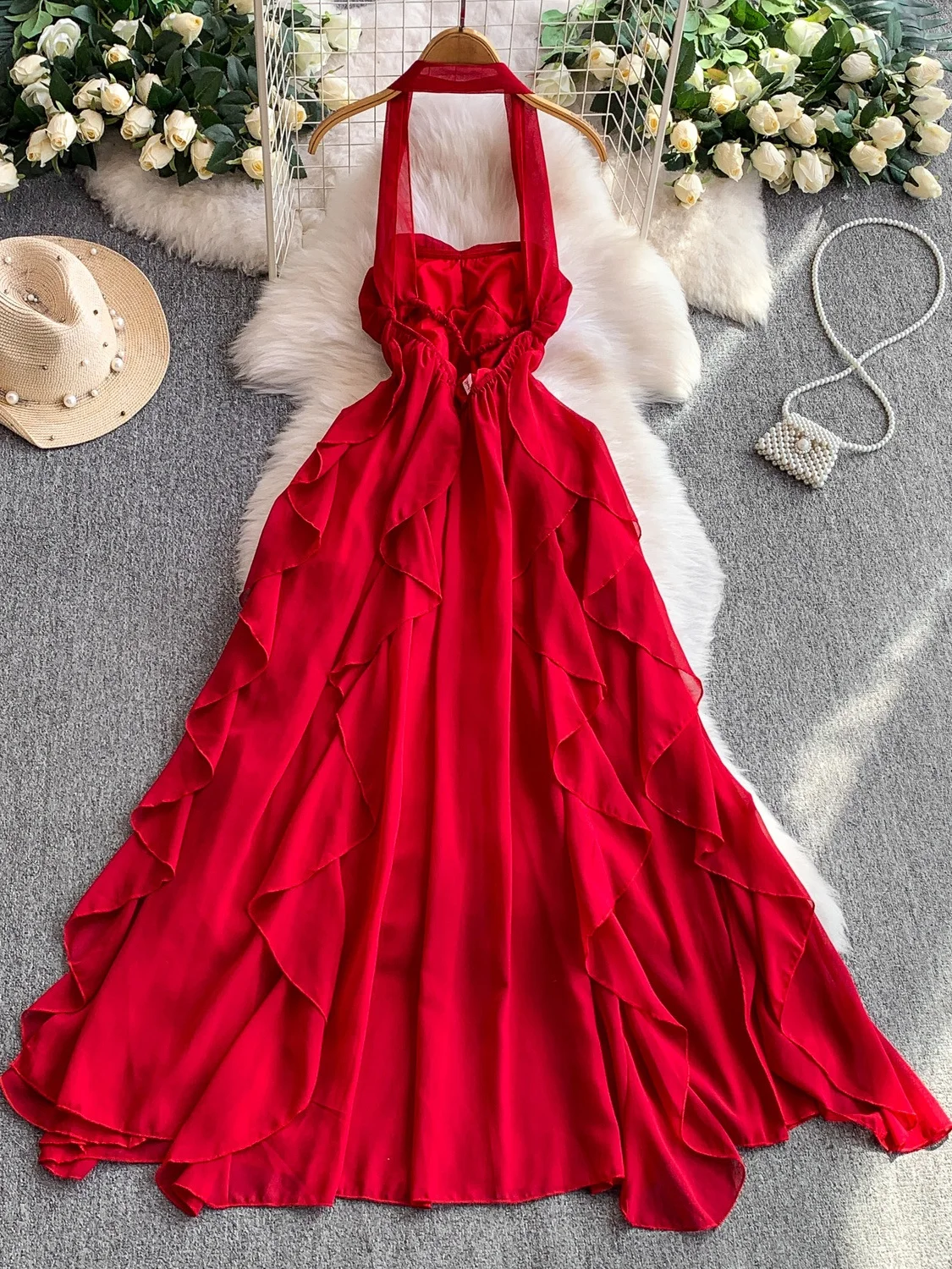 섹시한 발레 스타일 롱 드레스 여성 여름 슬림 A라인 스커트 비치 바캉스 하이웨이스트 벨 슬리브