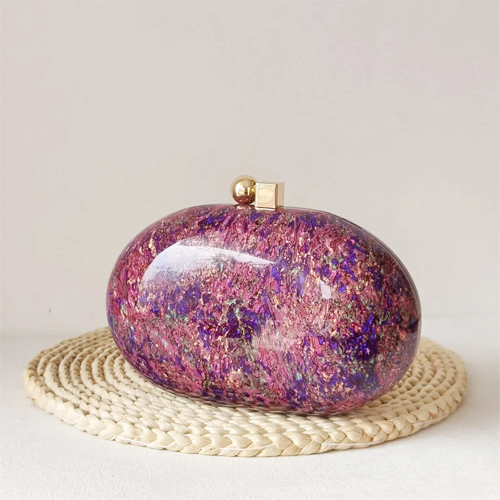 Oval Purple Glitter Party Female Custom Luxury Brand Lady Purses And Handbags Party Bag Marble Evening Bag Acrylic Clutch Purse