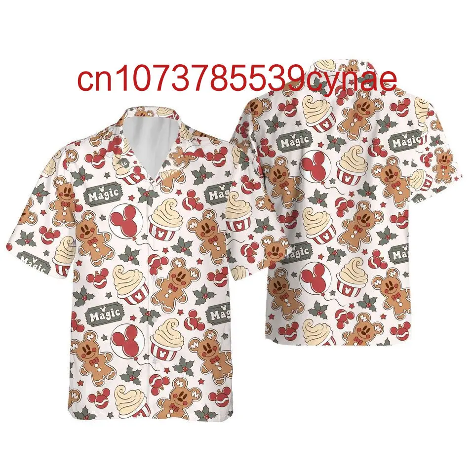 2024 New Mickey Christmas Hawaiian Shirt Casual Beach Shirt Men's Women Button Up Shirt Disney Fashion Beach Shirt