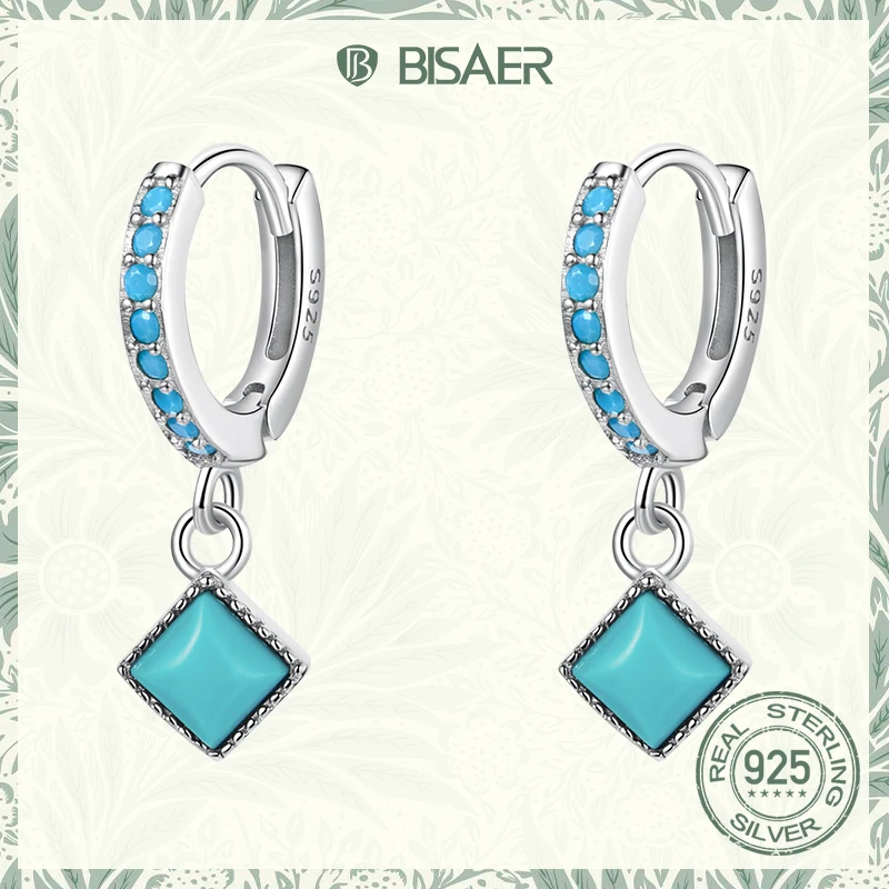 BISAER 925 Sterling Silver Ear Buckles Vintage Simple Turquoise Pendant Drop Earrings for Women Party Wedding Fine Jewelry