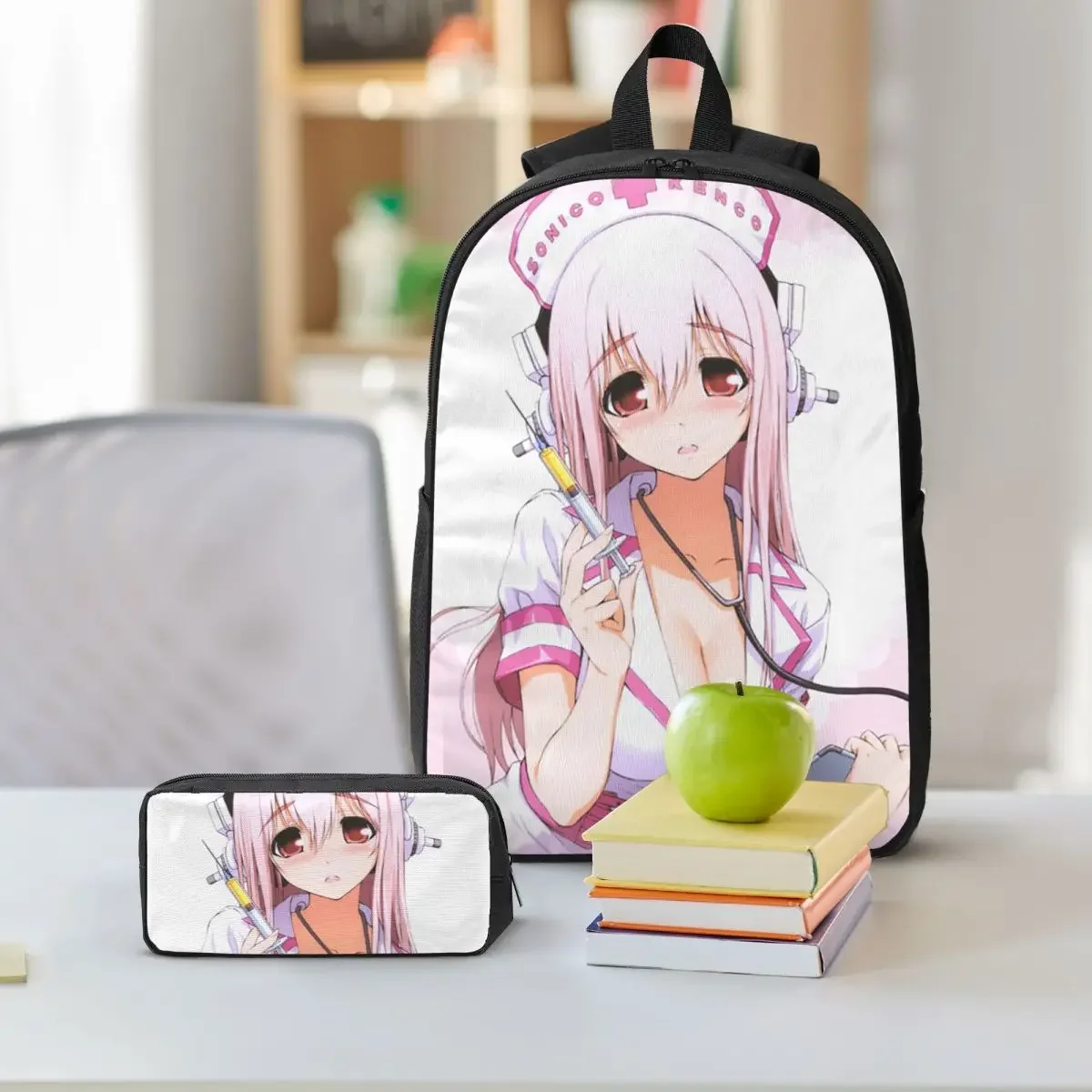 Cartoon Super Sonico Game Cute Girl Backpack Student BookBag School Bag Laptop Shoulder Bags 3ps Insulated Lunch Bag Pencil Case