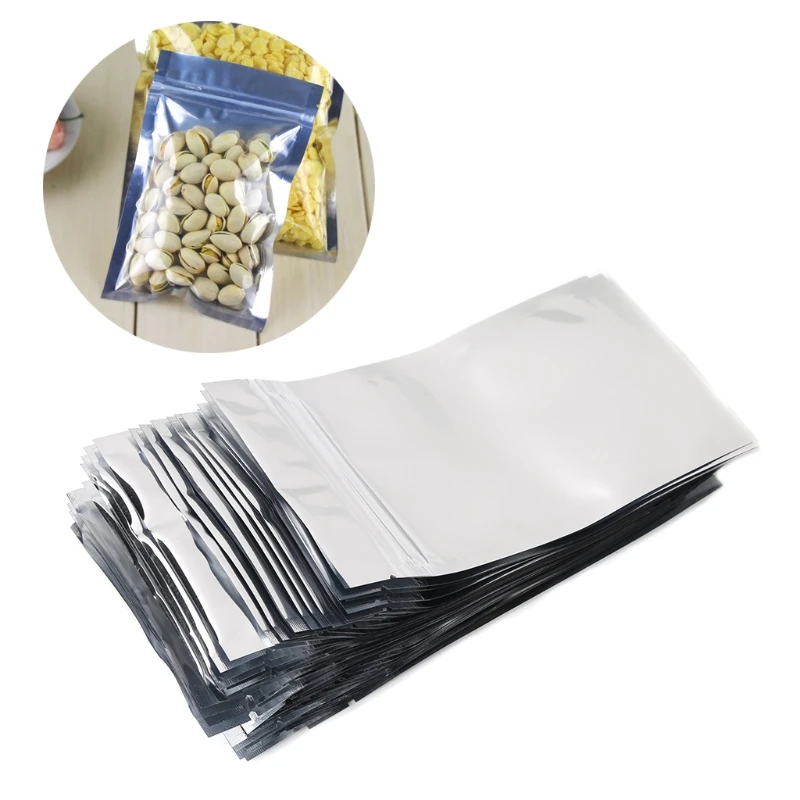 50 piezas 8,5x14 papel aluminio plateado Mylar bolsa reutilizable frontal transparente a prueba fugas