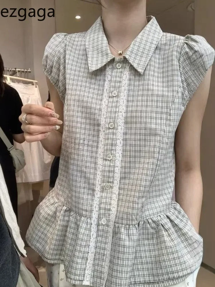

Ezgaga Sweet Shirts Women Plaid Flying Short Sleeve Spring Summer Fashion Lace Patchwork Ruffles Vintgae Blouse Female Casual
