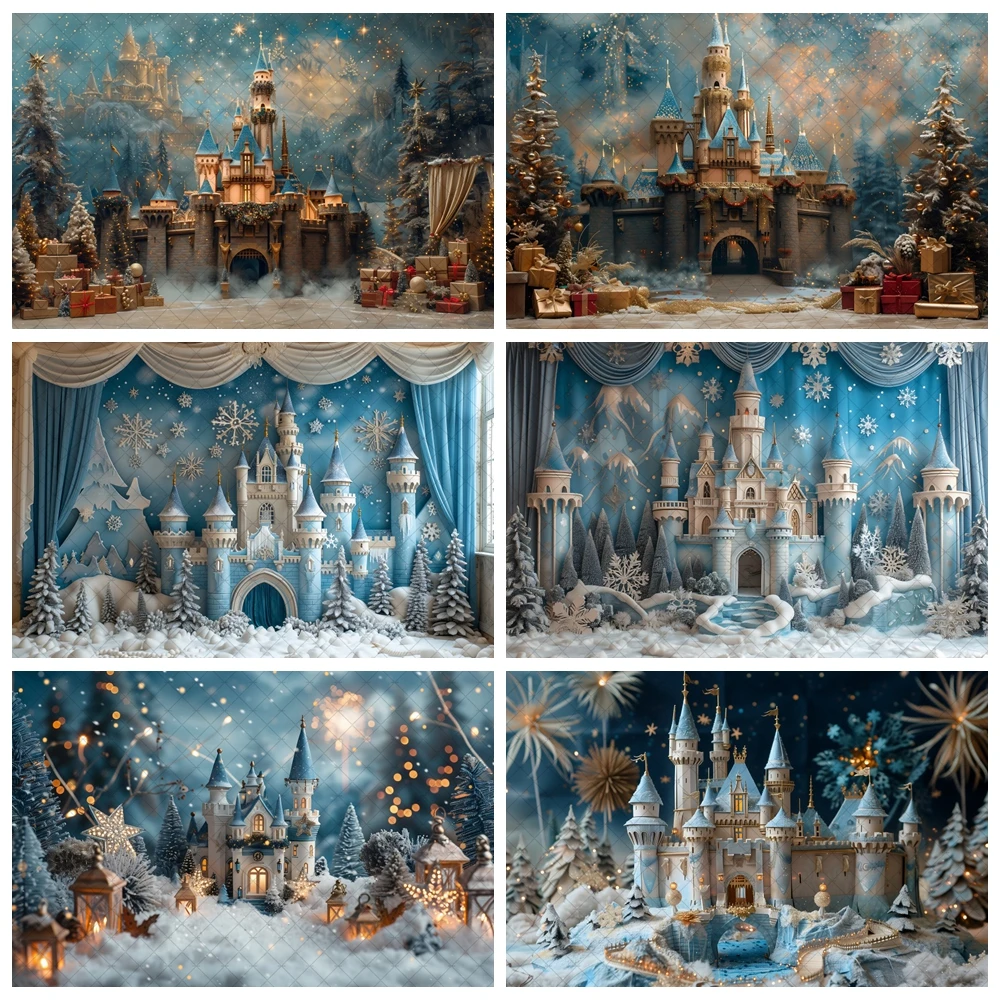 

Winter Ice and Snow Castle Christmas Photography Background Princess Party Banner Decoration Girl's Birthday Party Studio Props