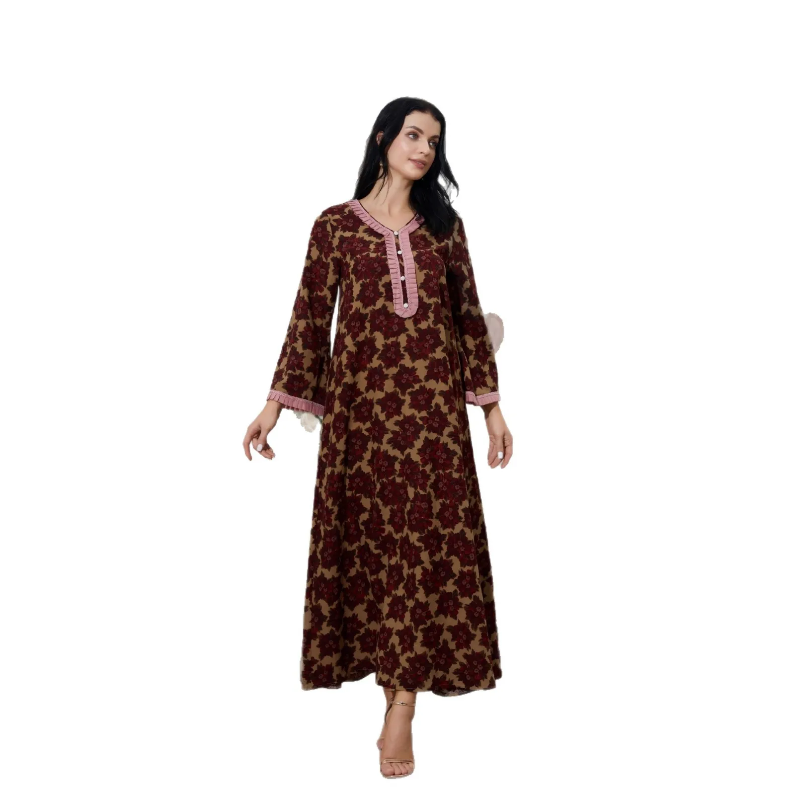 Autumn New Muslim Fashion Abaya Elegant Middle East New Style Printed Muslim Women's Fashion Dress Arabic Dubai Long Gown