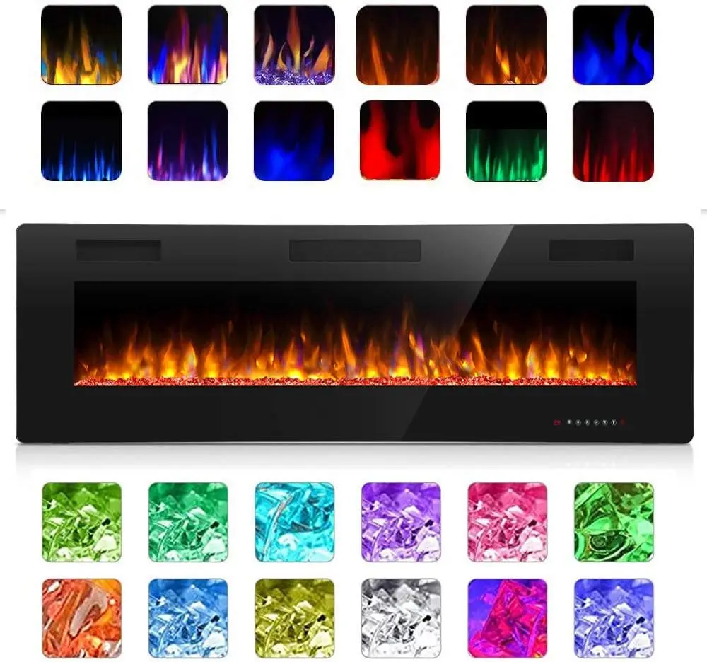 Cheminée électrique encastrée au mur, flamme multicolore, contrôle par panneau tactile et télécommande, 60 pouces, 750 W, 1500W