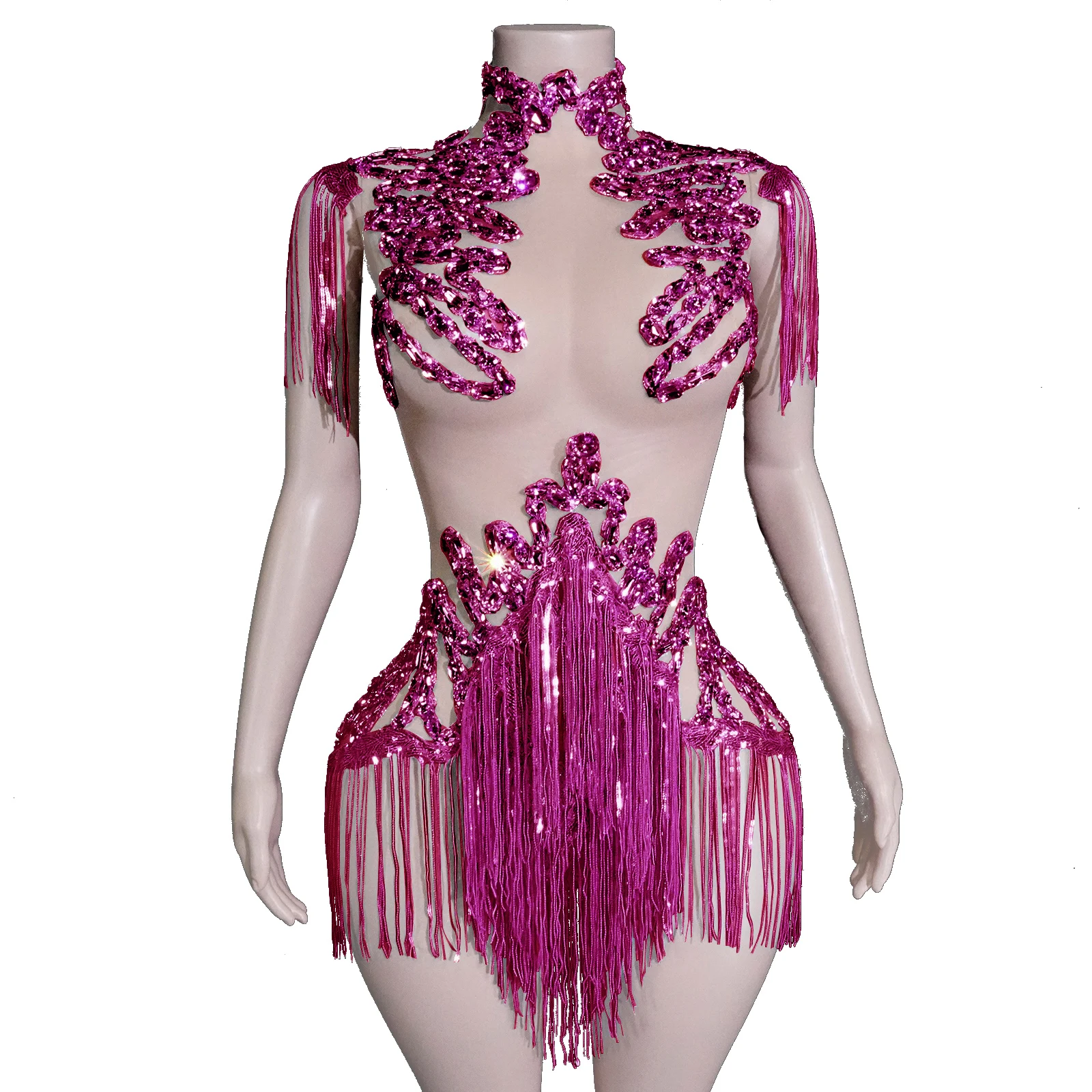 New Stage Performance Golden Sequined Tassel Highneck Fitted Jumpsuit Birthday Party Dance Outfit Video Shooting Costume Change