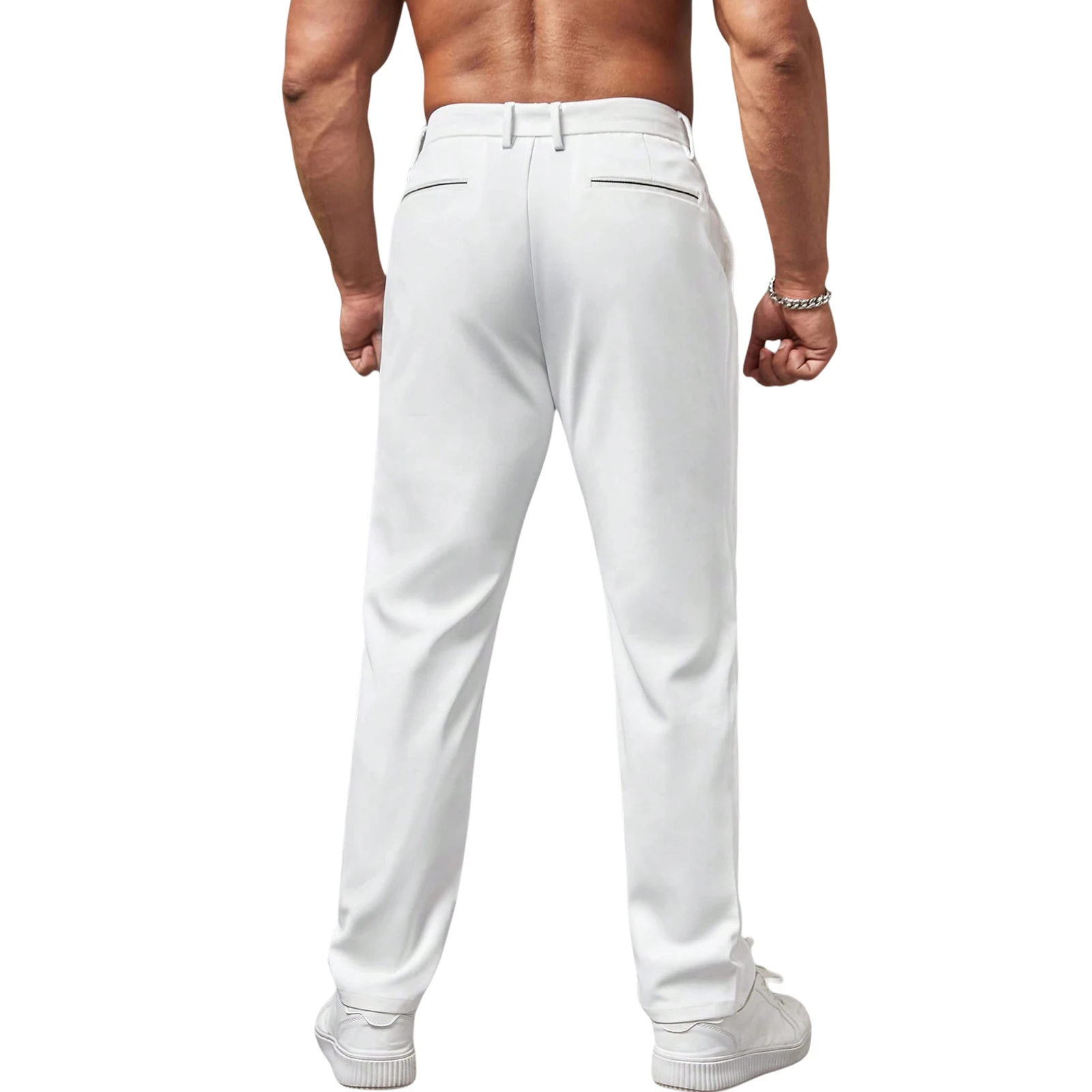Men's Pleated Casual Dress Pants Straight Fit Solid Color Multi‑Pockets Zip Button Fly Business Daily Long Trousers