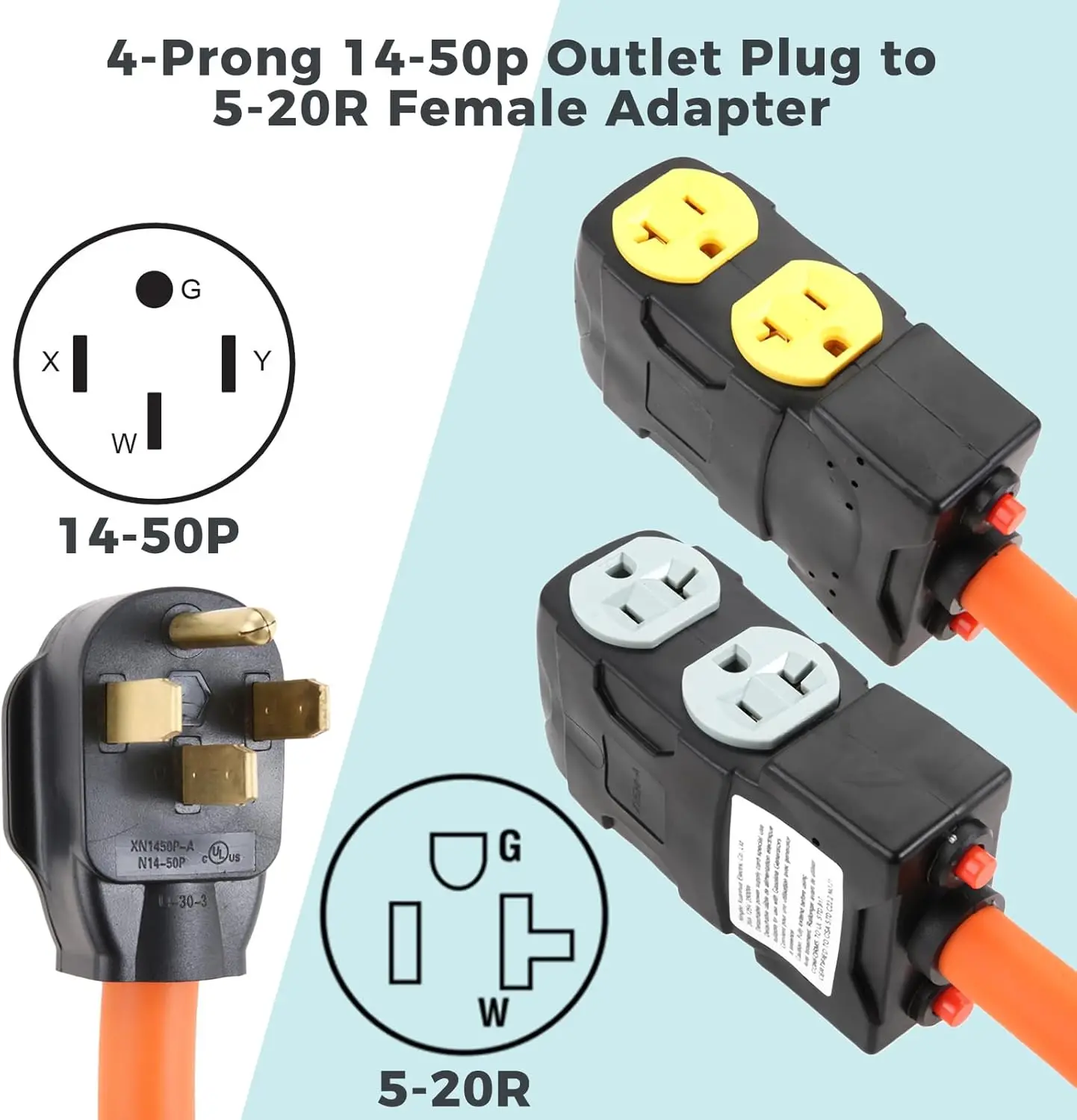 NEMA 50 Amp to 20 Amp SWT 14-50P to 4 X 5-20R/15R RV 4-Prong Household Outlet Plug to 120V 5-20R/15R Female Adapter Power Cord - view 3
