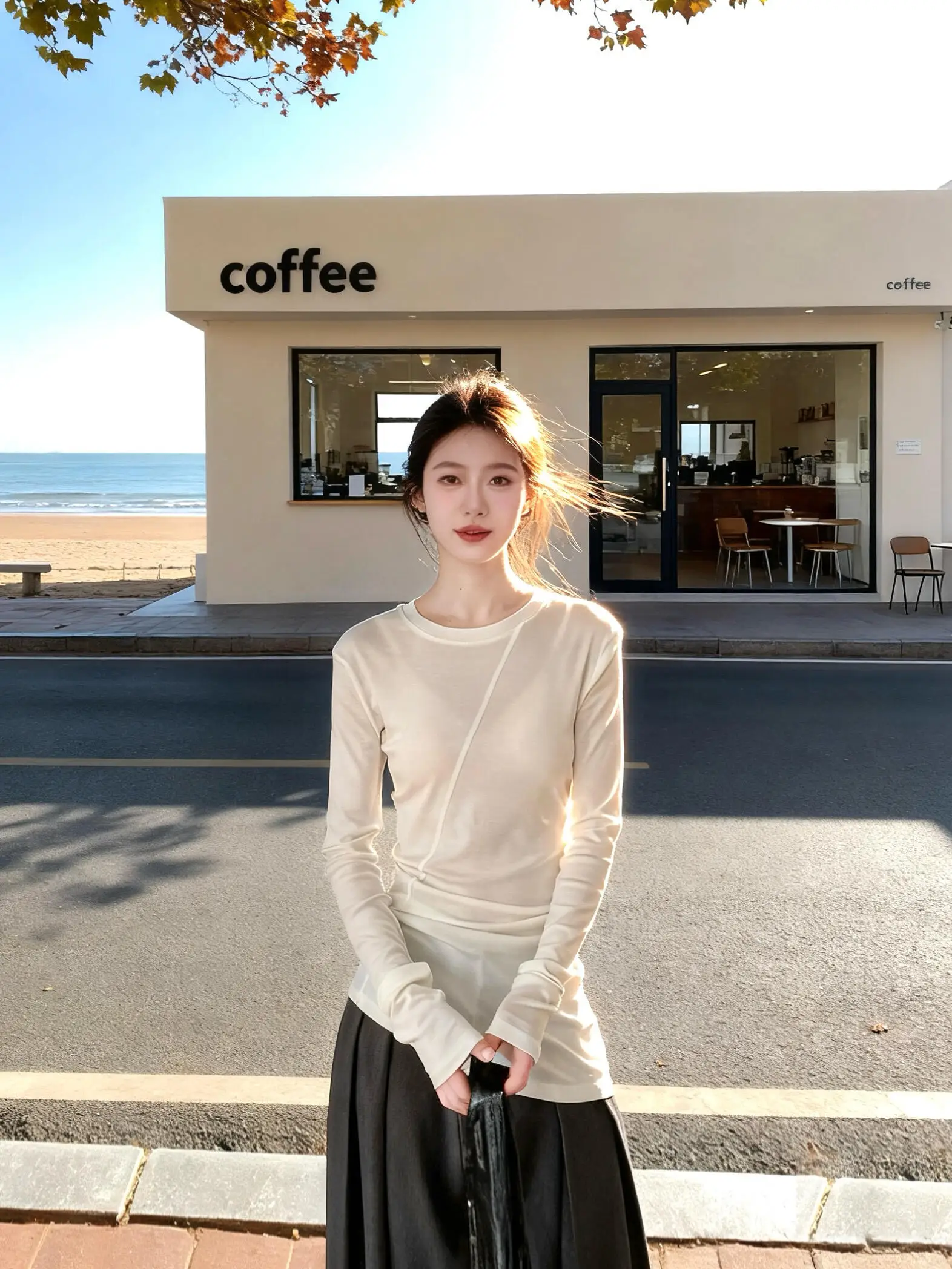 Damska bluzka na jesień i zimę, asymetryczny krój, dopasowany krój, styl koreański.