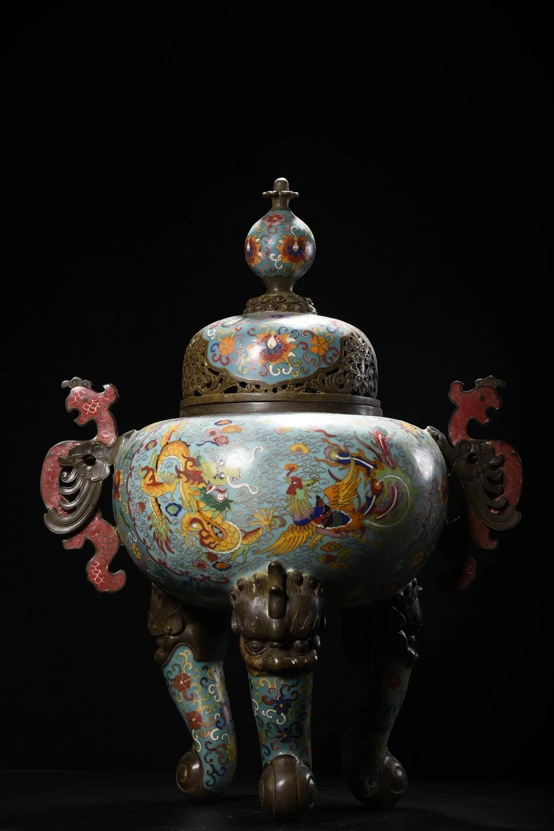 

23"Tibetan Temple Collection Old Bronze Cloisonne Enamel Flower Texture Longevity Gourd Phoenix Ear Incense Burner Ornaments