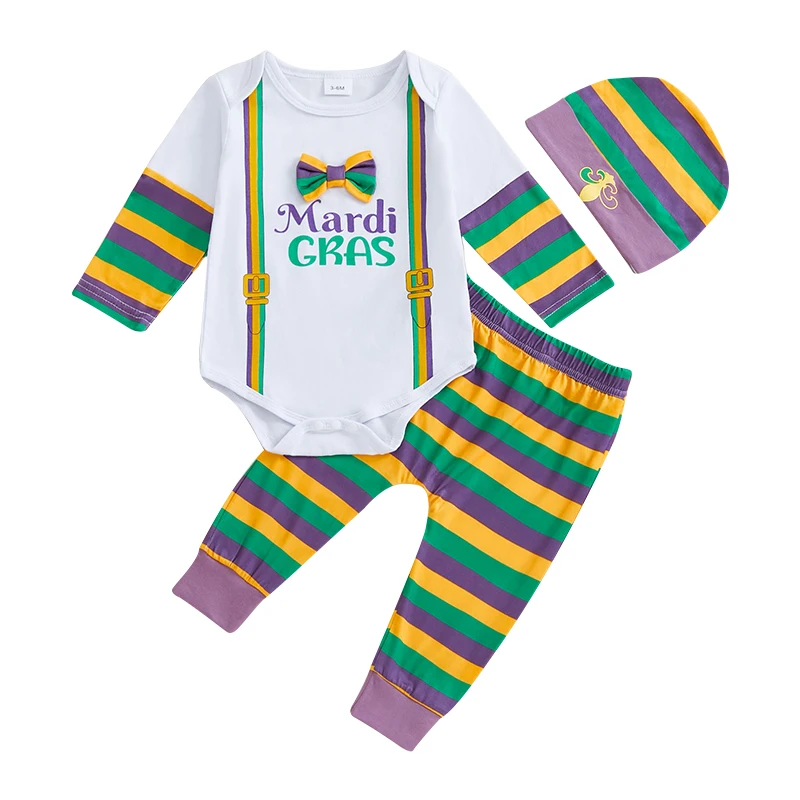 Baby Boy Mardi Gras Outfit Letter Print Long Sleeve Rompers and Elastic Striped Pants Hat Set Spring 3 Piece Clothes