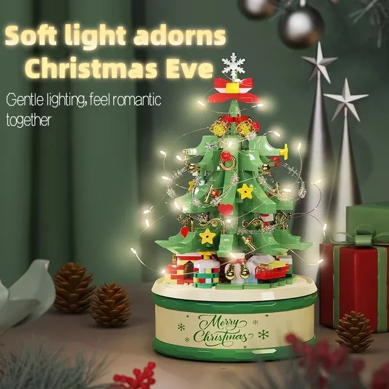 HOT Children Christmas Tree Santa Claus Mini Music Box Model Micro Bricks Building Block Bricks Toys for Adult Christmas Gift