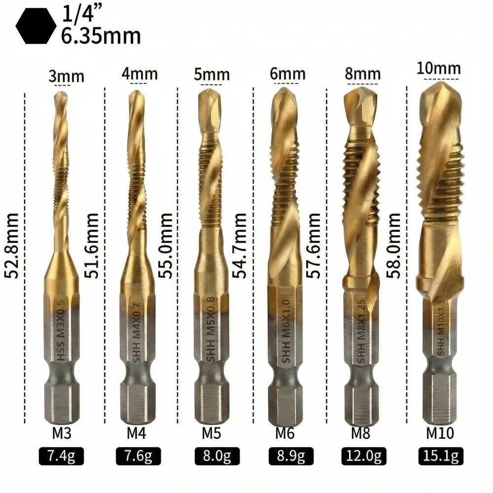 Multi-Purpose Screw Tap Drill Bits High Speed Steel Hex Shank Tap Drill Bit Set M3 M4 M5 M6 M8 M10 Titanium Plated