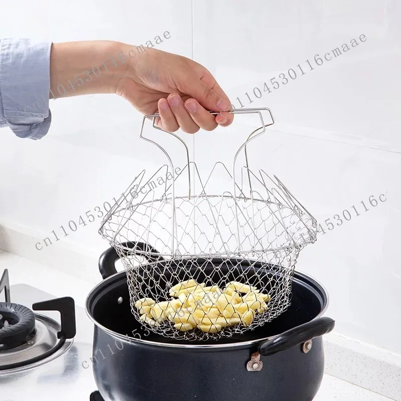 304 Stainless Steel Fried Basket Household French Fries  Chicken Wings Retractable Folding Round Filter Leaky Drain