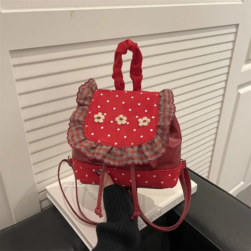 Polka Dot Floral Patchwork Design Backpack for Women Versatile Sweet Girls Drawstring Shoulder Bags Lightweight Travel Handbag