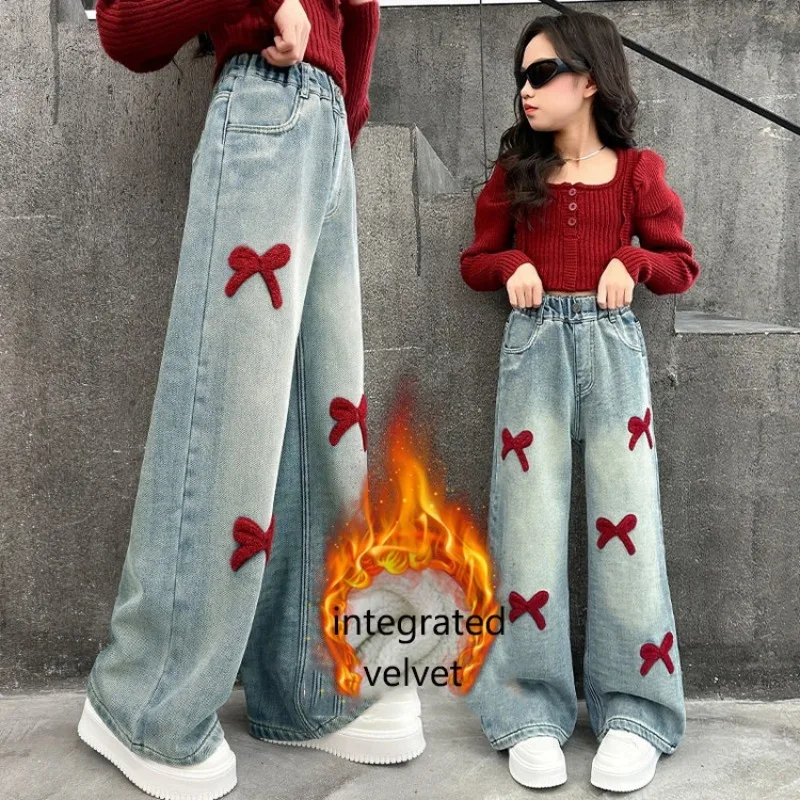 Winter-Jeans aus Lammfell für Mädchen, 4-14 Jahre, Teenager-Mädchen, Jeanshose mit integrierter Schleife und Fleece, lockere Herbst-Jeanshose für junge Mädchen – Detail 4