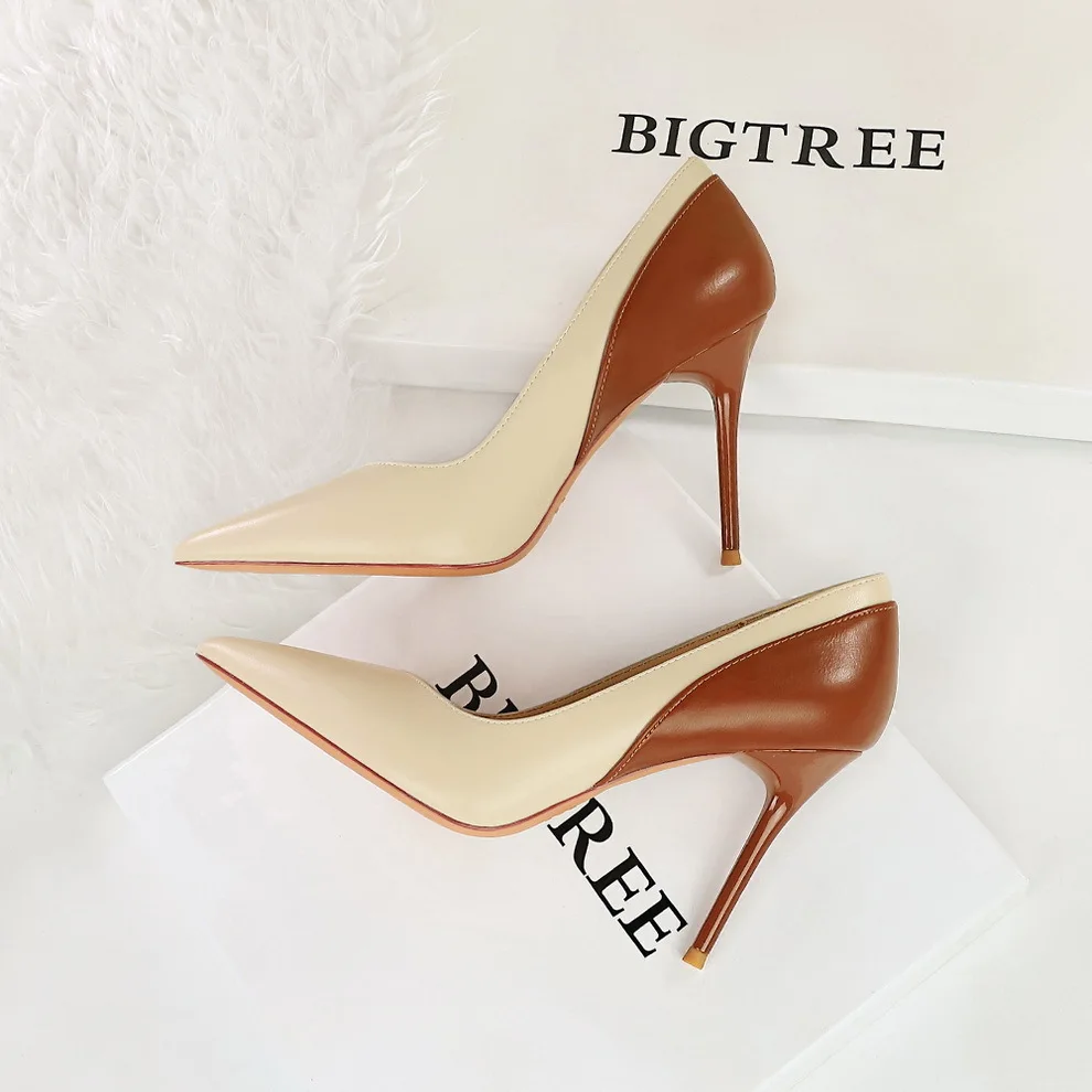 Women Pumps Style High Slim Banquet Mouthed Toe Color Blocking And Autumn New Ultra-high  Heels туфли женские Shoes женская обув