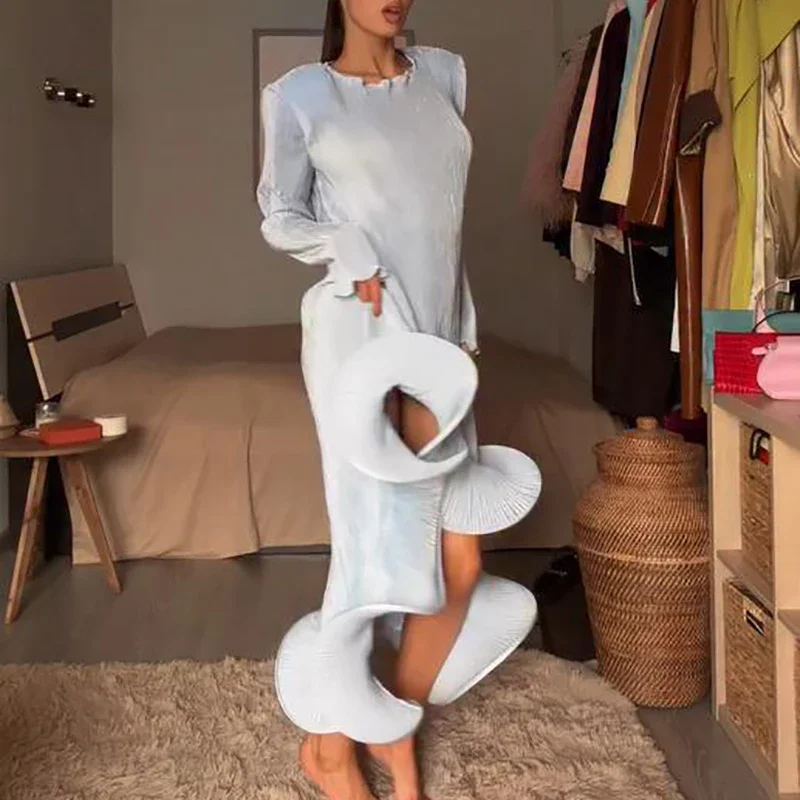 Autumn Fashion O-neck Pleated Banquet Dress Elegant Ruffled Hem Irregular Solid Long Dress Casual Long Sleeve Waist Party Dress