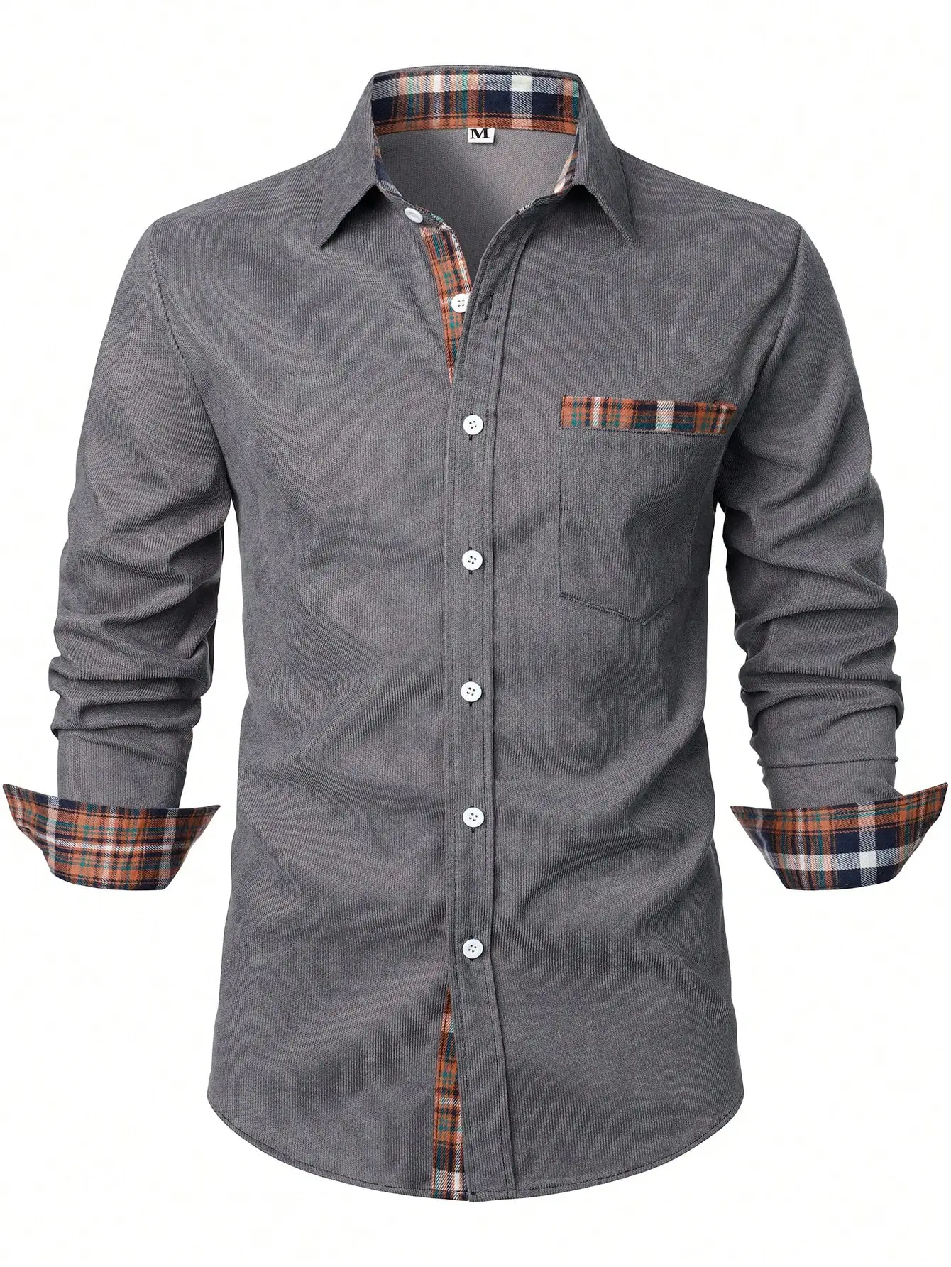 

Men's Gray Corduroy Shirt with Plaid Contrast Trim Casual Long Sleeve