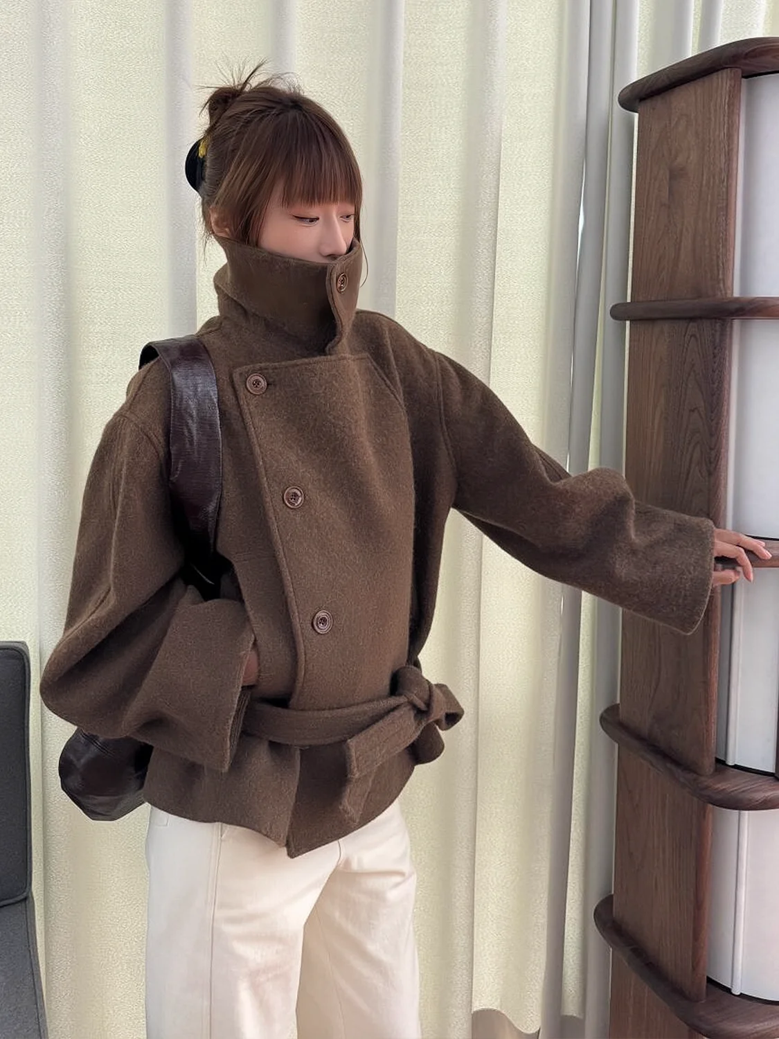 

MOXI Annual Heavyweight Jin Min Hui Lemair Collar Woolen Coat Outerwear Korean Sle Long Sve Pure Color Busin Suit