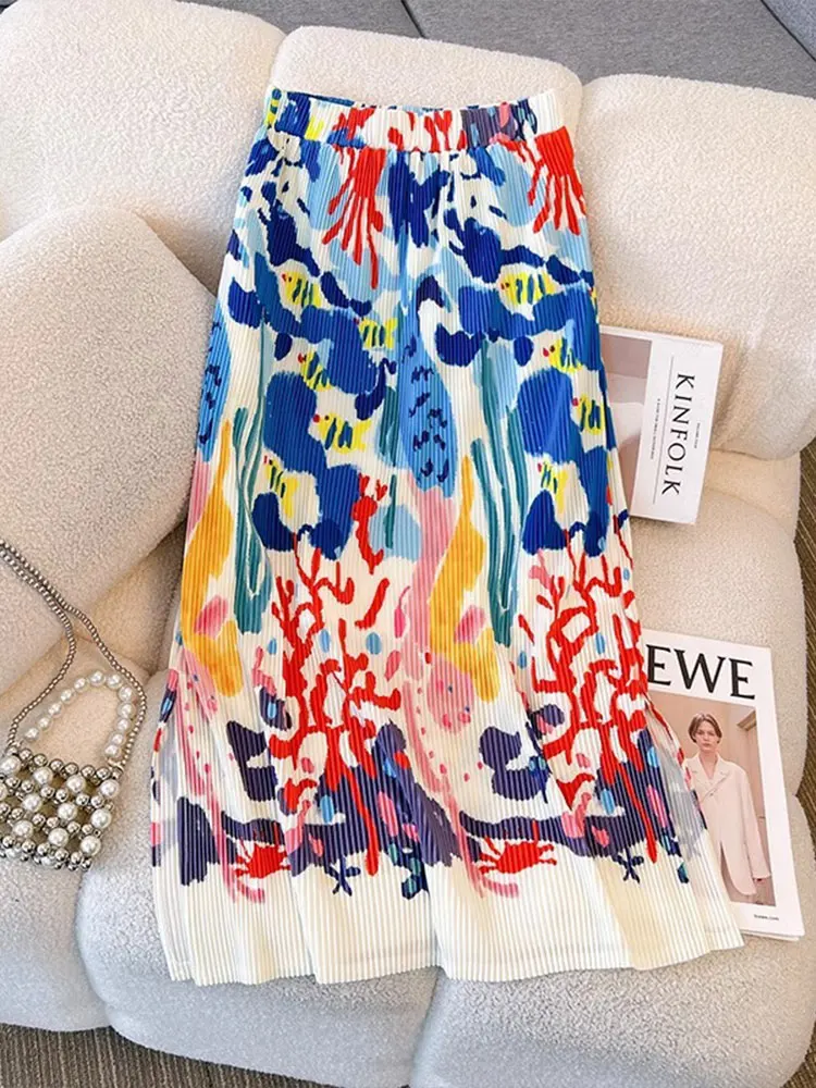 

Women's Skirts 2025 Summer Fashion Sweet Graffiti Midi High Waist A-Line Vacation Skirts