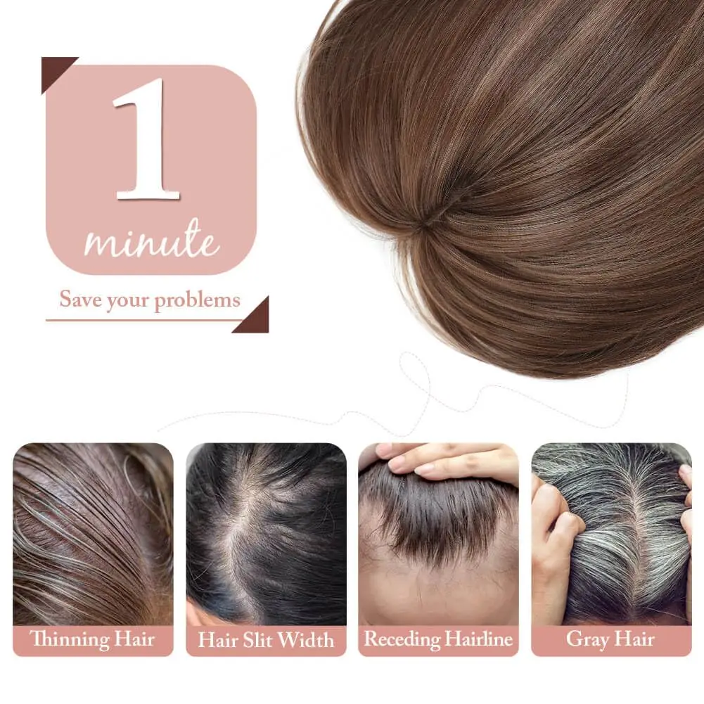 12 inches three clip synthetic wig top hair piece with bangs hair piece, brown bangs wig