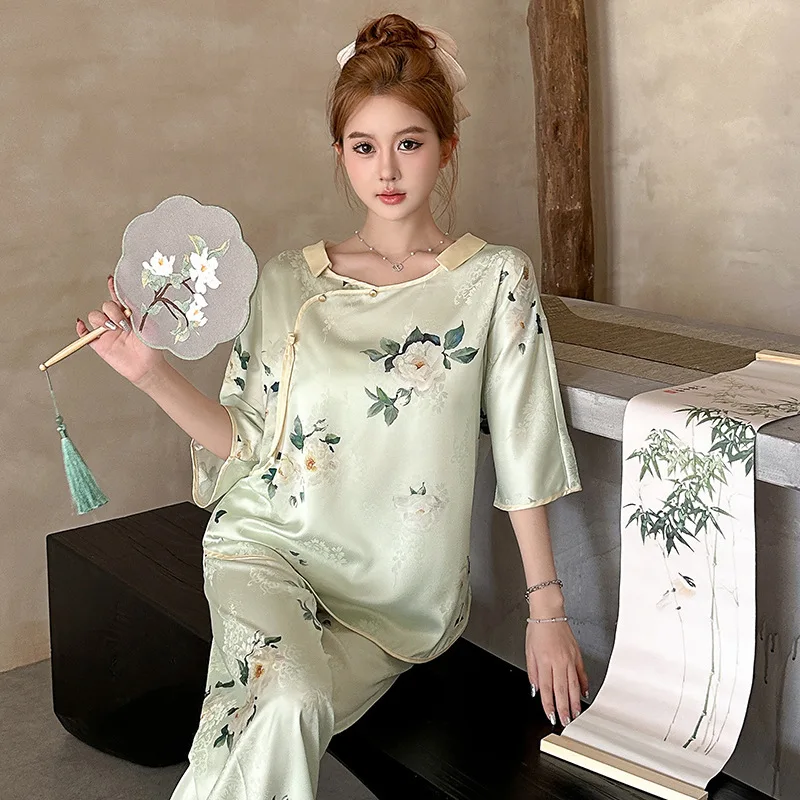 

2026 Summer Light Luxury Ice Silk Pajamas for Women New Chinese Style Printed Head Set Diagonal Buckle Silk Home Furnishings