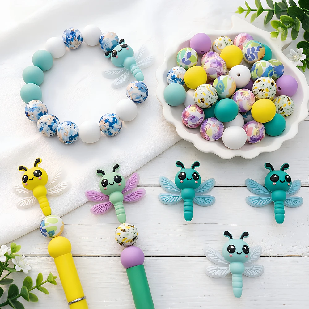 33/34/56/60 Stück Libellen-Thema Silikonperlen-Set DIY Perlenkette Armband Dekoration Stift Schmuck Anhänger usw. Geburtstagsgeschenk für die Feiertage – Detail 6