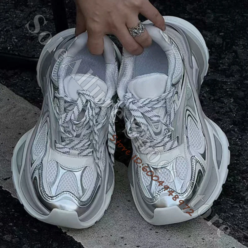 Metallic Silver Mesh Layered Chunky Sneakers Multi-Layer Oversized Platform Striped Lace Trainers Cyber Y2K Street Men Shoes