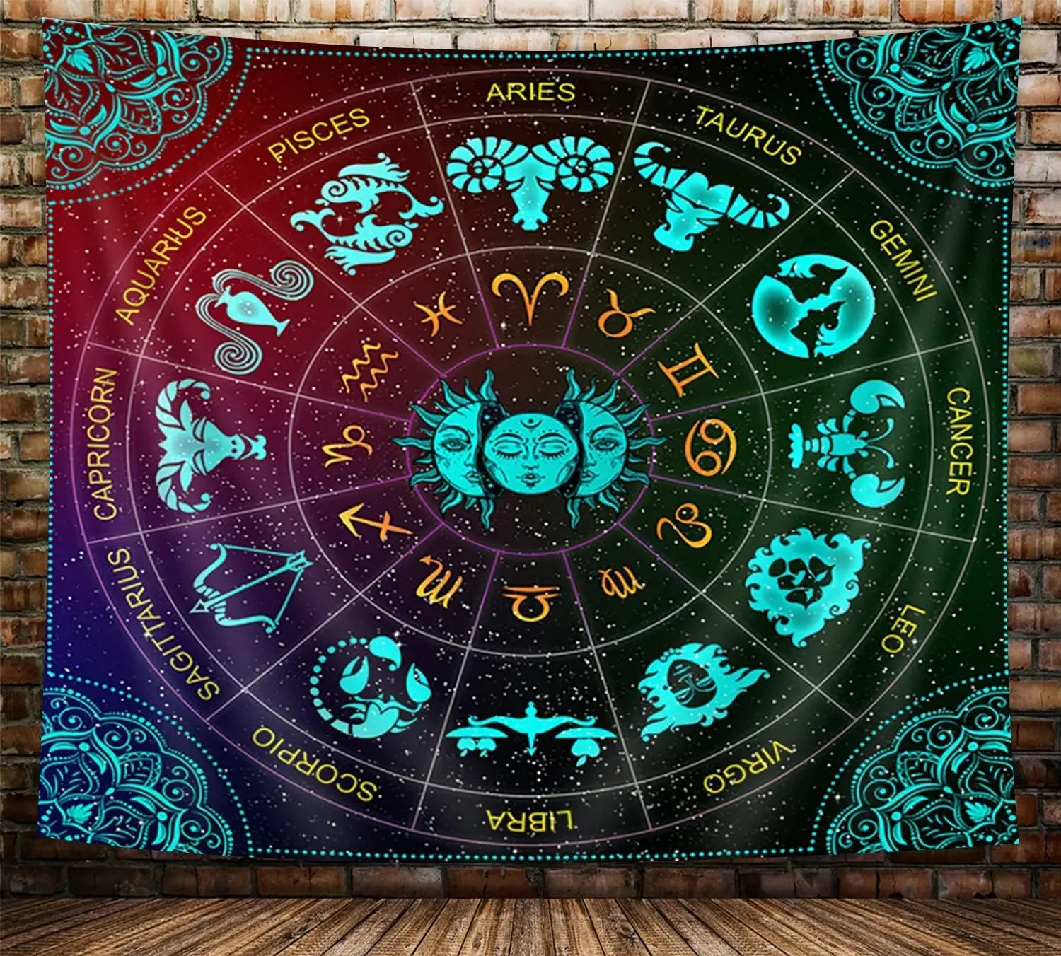 Astrology Wall Hanging, Sun and Moon Constellation Blacklight Art, Trippy Mandala Boho Witchy Wall Tapestry for Bedroom, Living